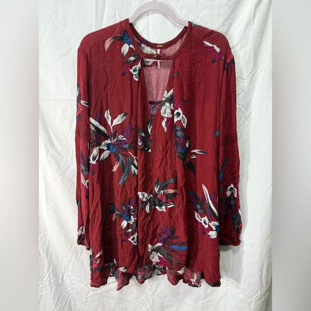 Free People Tree Swing Burgundy Mini Dress Boho Rayon Tunic Long Sleeve Babydoll